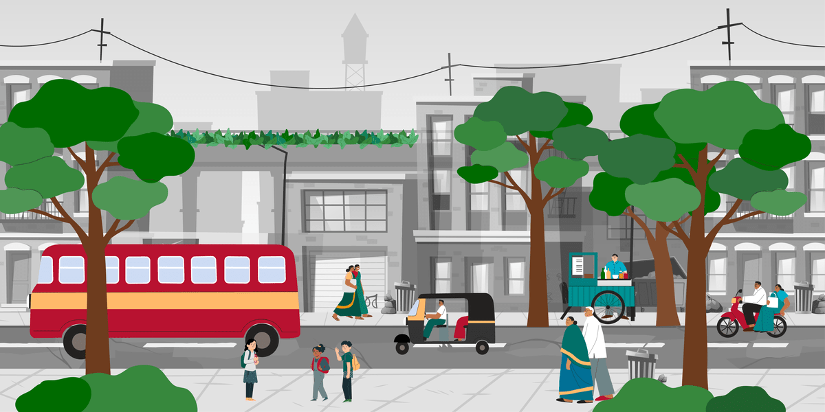 An illustration of a city scene with trees, a bus, and people walking and traveling.
