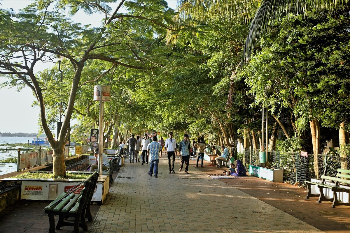 A photograph of Marine Drive in Kochi; people walk underneath tree cover.