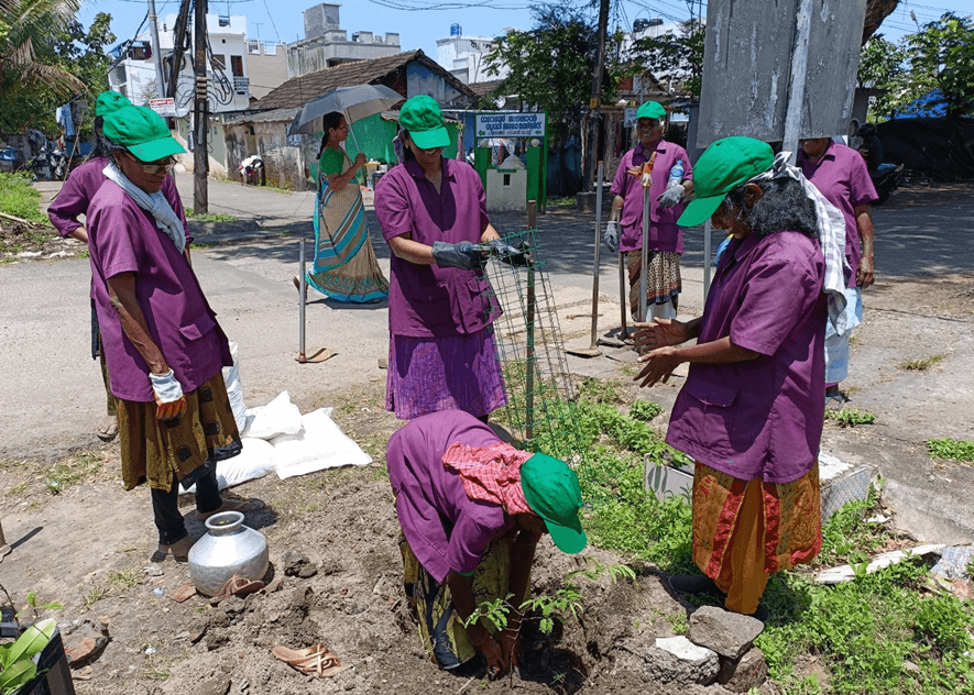 Women wearing purple shirts and green hats plant trees.