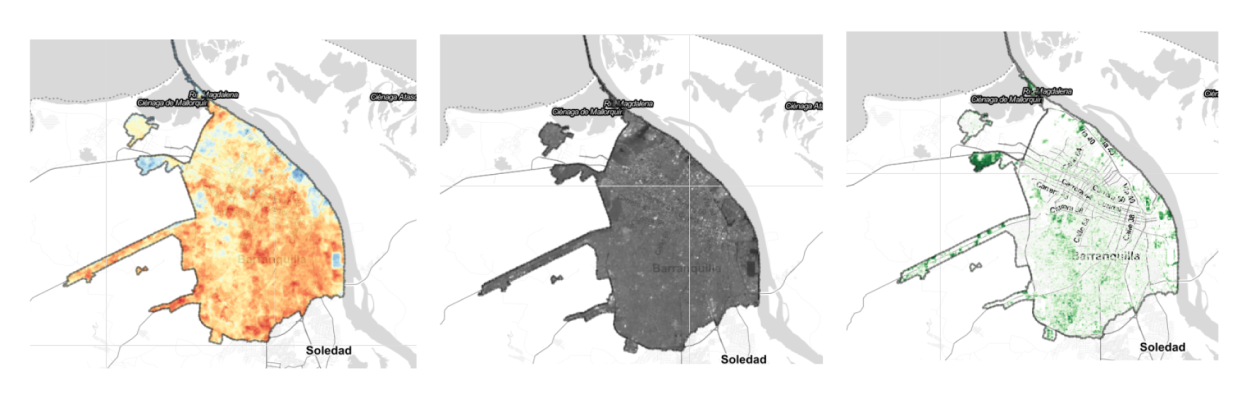 A trio of maps showing heat risk in Barranquilla.