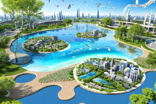 a visualization of a city that is nature positive with a circular economy. ai generated