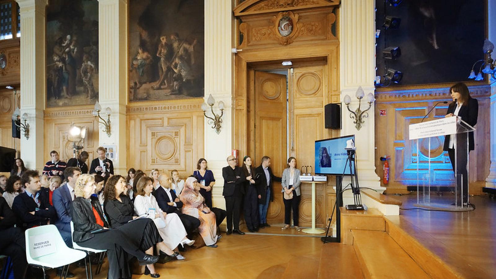 Paris Mayor Anne Hidalgo addresses the audience at the Paris International Forum to End Plastic Pollution in Cities