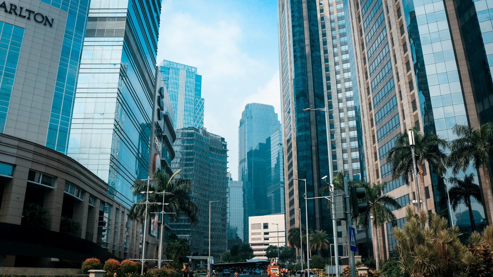 a view of jakarta; tall buildings line a major road, and palm trees are in the foreground.