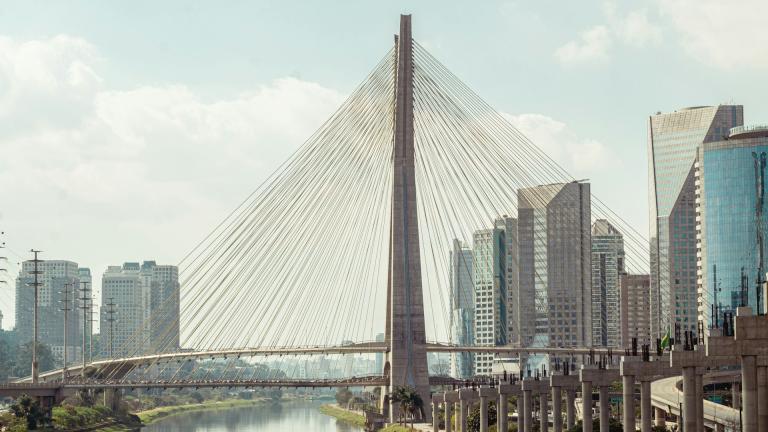a view of a river in sao paulo with a bridge and green banks