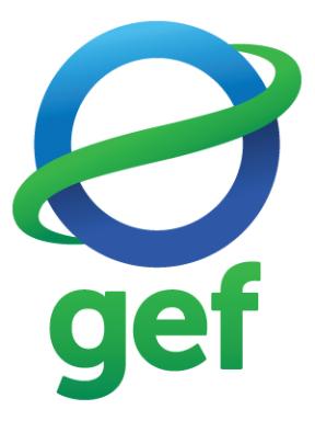the logo for the global environment facility. a green ribbon wraps around a blue circle, and gef appears in green in lowercase below.