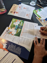 Participants review their fictional character profiles for the Urban Biodiversity role-playing exercise