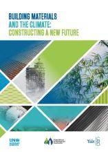 the cover of building materials and the climate: constructing a new future report. blue and green theme, with geometric design featuring buildings and images of nature