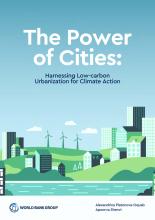 the cover of the report The Power of Cities: Harnessing Low-carbon Urbanization for Climate Action. The cover is a graphic-style illustration of an urban skyline with wind turbines in the background, in shades of blue and green.